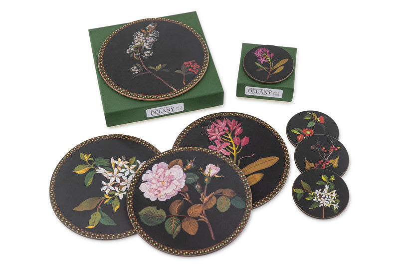 Delany placemats and coasters with their presentation boxes